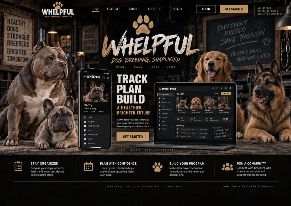 Whelpful breeder workspace shown with bully breed dogs